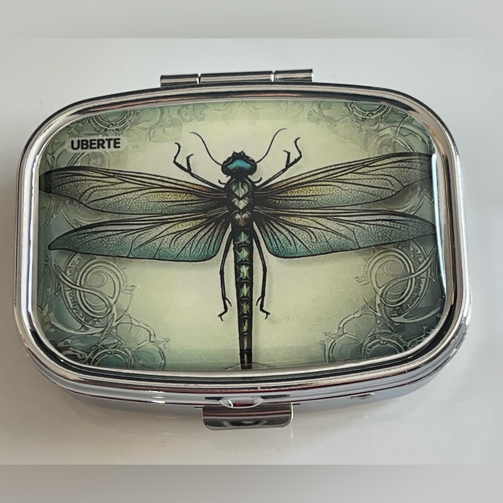 Uberte Dragonfly Metal Pillbox. 2 Compartment and Snap Closure. NEW - Picture 1 of 4